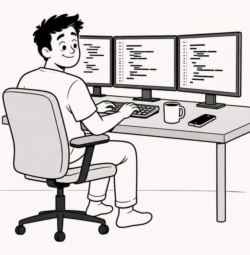 Doodle of a young developer at a desk with three monitors